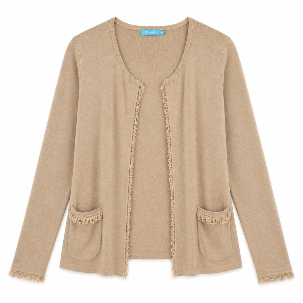 J McLaughlin Fringe Cardigan‎ Sweater Tan Cotton Knit XS Open Front